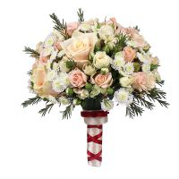 біло-рожева еустома з білорожевою трояндою